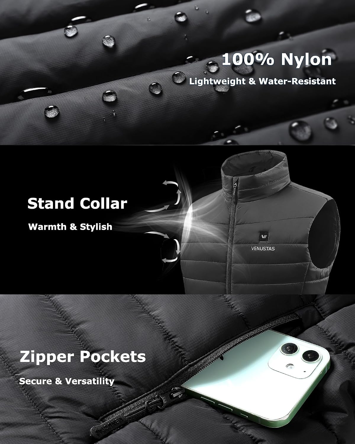 Detalle 2 de Venustas Men's Heated Vest with Battery, 6 Heating Zones, Water-Resistant Nylon
