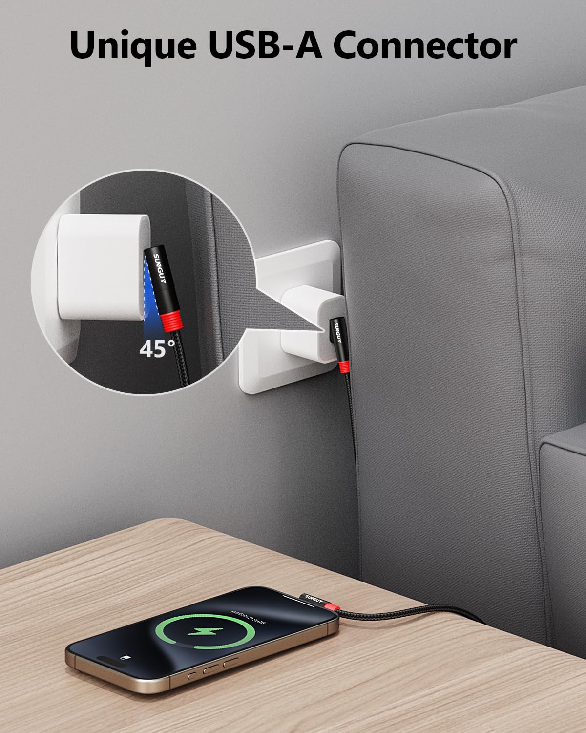 Detalle de SUNGUY USB-C Kabel im 2er-Pack, 1,8 m & 2 m – 90° Winkel, 3A, Nylon-Ummantelung, USB 2.0 Daten/18W Schnellladung