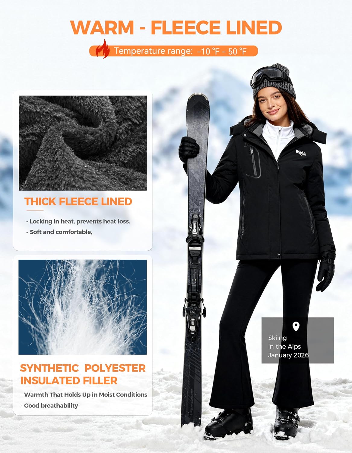 Detalle de Wantdo Women's Winter Ski Jacket, 10,000 mm Waterproof, Removable Hood