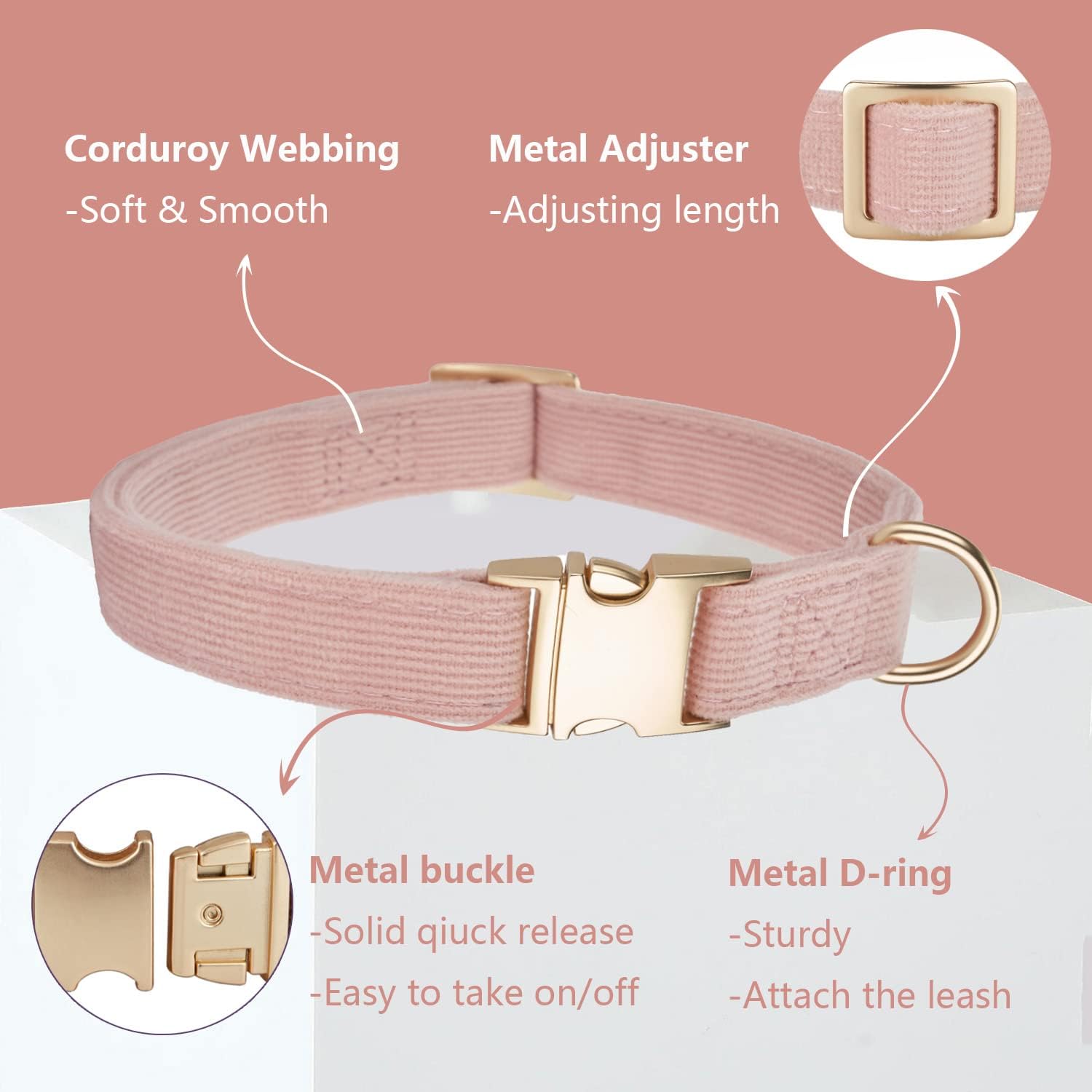 Detalle de Petiry Soft Dog Collar with Safety Metal Buckle — Adjustable Velvet Corduroy for Large Dogs (40-66cm) in Baby Pink