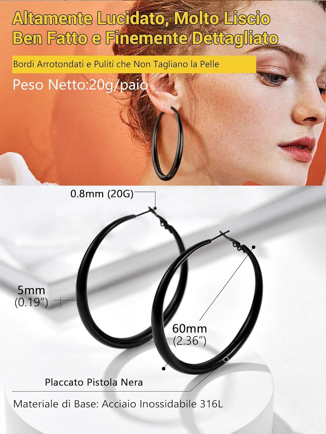 Thumbnail 3 de PROSTEEL orecchini a cerchio in acciaio chirurgico 316L 40/60/80 mm con confezione regalo