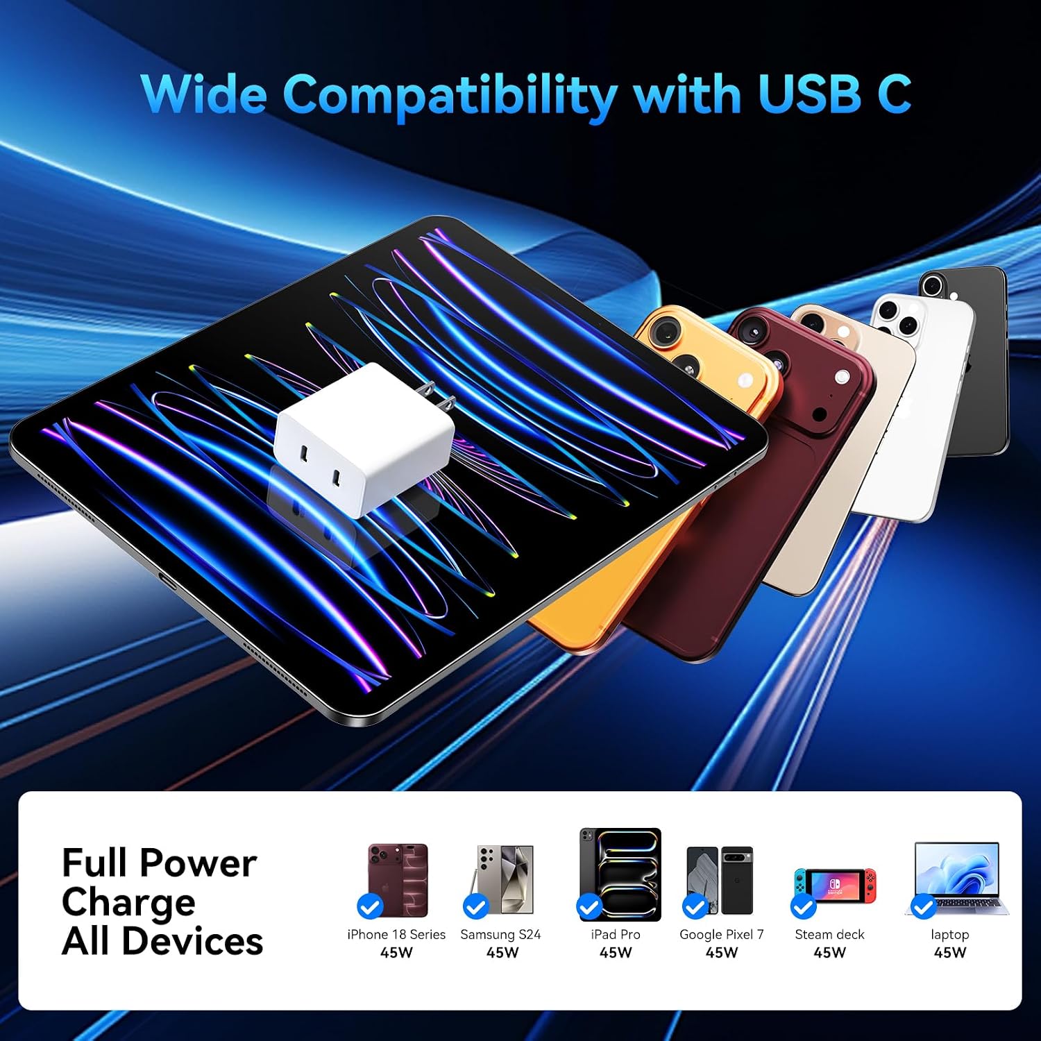 Detalle 1 de Auorld 45W USB-C iPhone Fast Charger (Dual Port) with Long 10 ft USB-C Cable