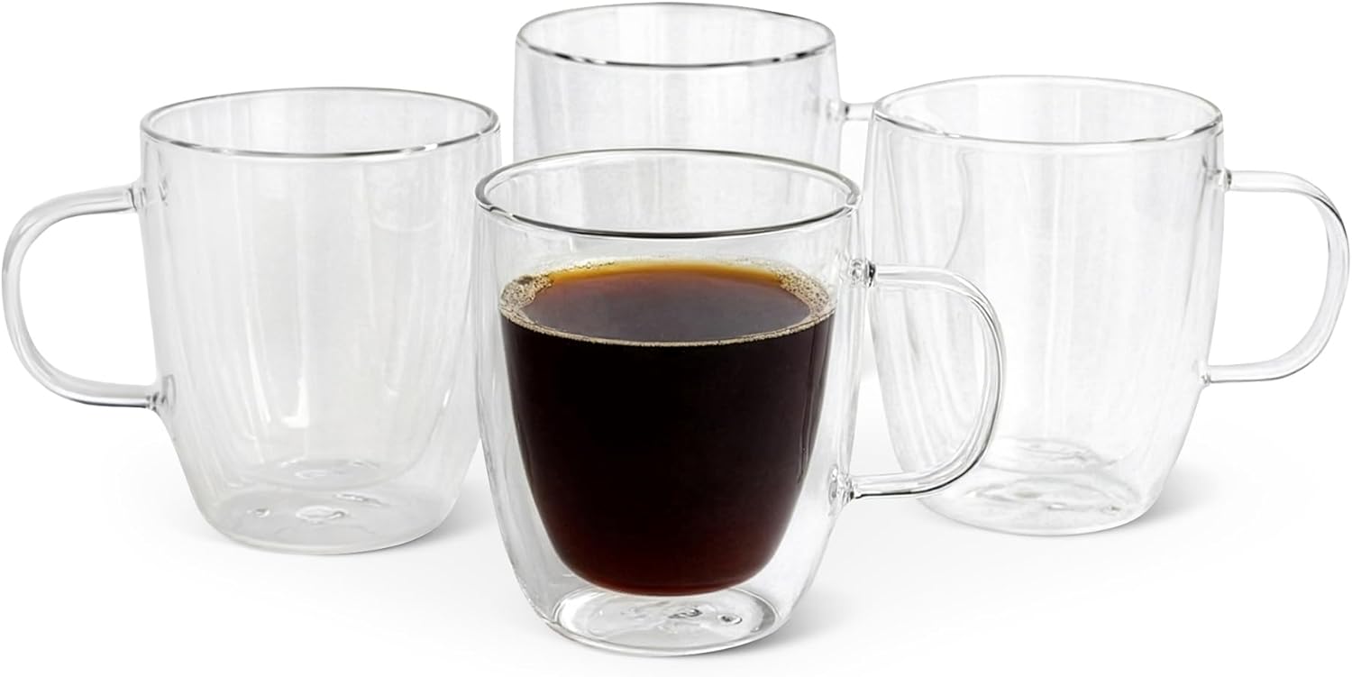 Amazon Basics Double Walled Glass Coffee Mugs, 4-Piece Set (382ml) – Dishwasher Safe