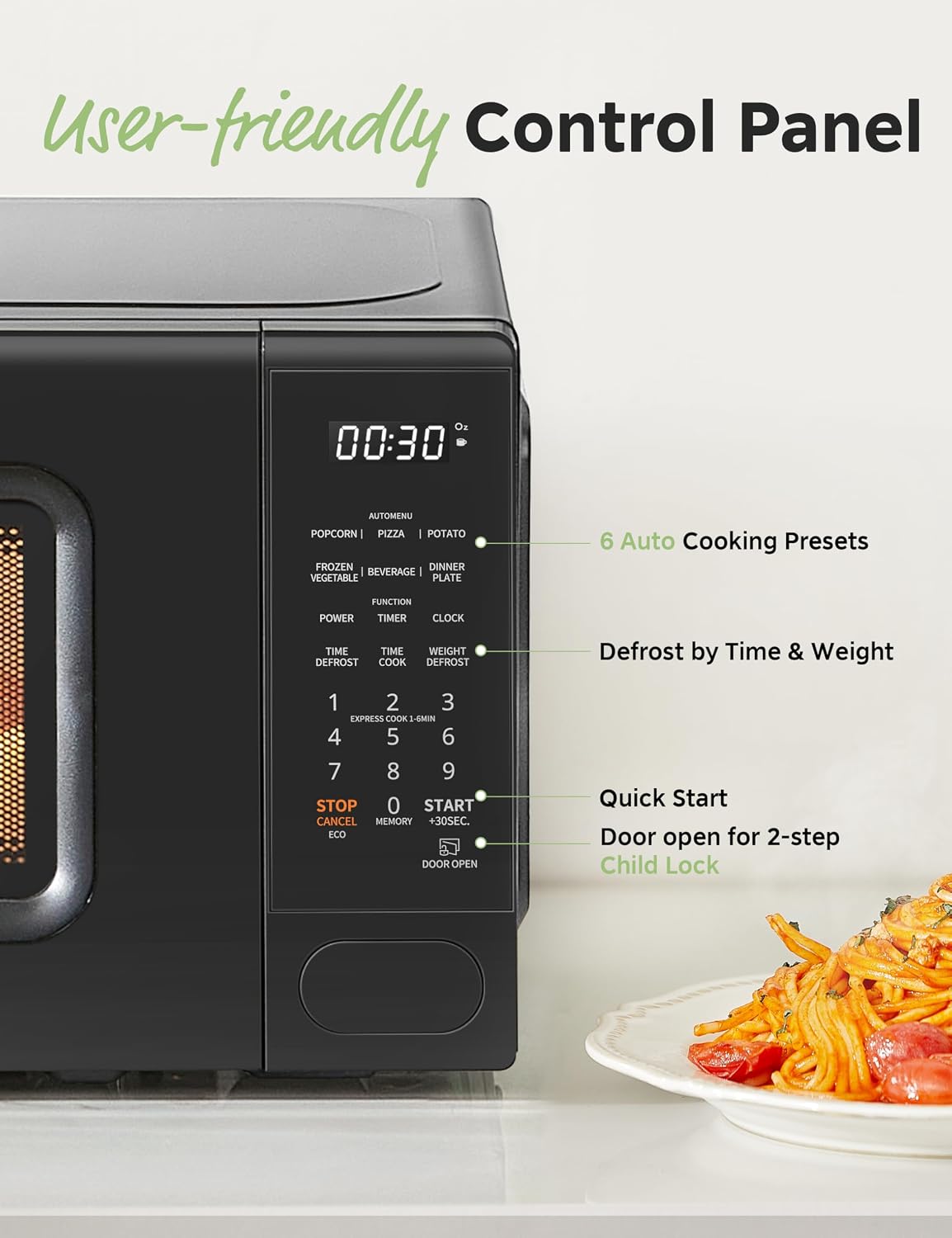 Detalle de COMFEE CMO-C20M1WB countertop microwave oven with 11 power levels, 700W, and child lock