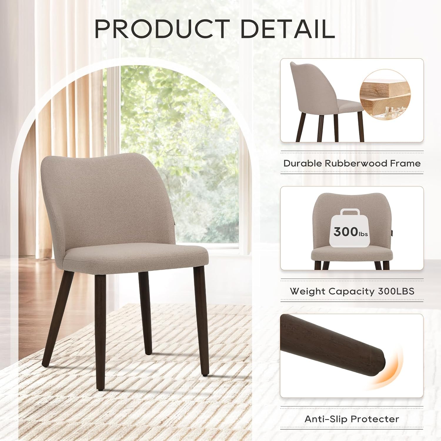 Thumbnail 2 de COLAMY 3008 Upholstered Dining Chairs, Set of 6, Camel Fabric, Rubberwood Legs