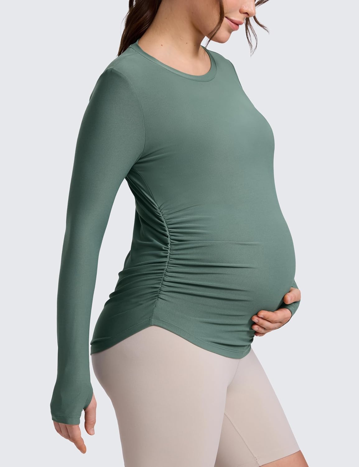 Detalle de CRZ YOGA Womens Cloudweight Maternity Long Sleeve Tops Ruched: Lightweight, No-fuss Comfort for Pregnancy and Beyond