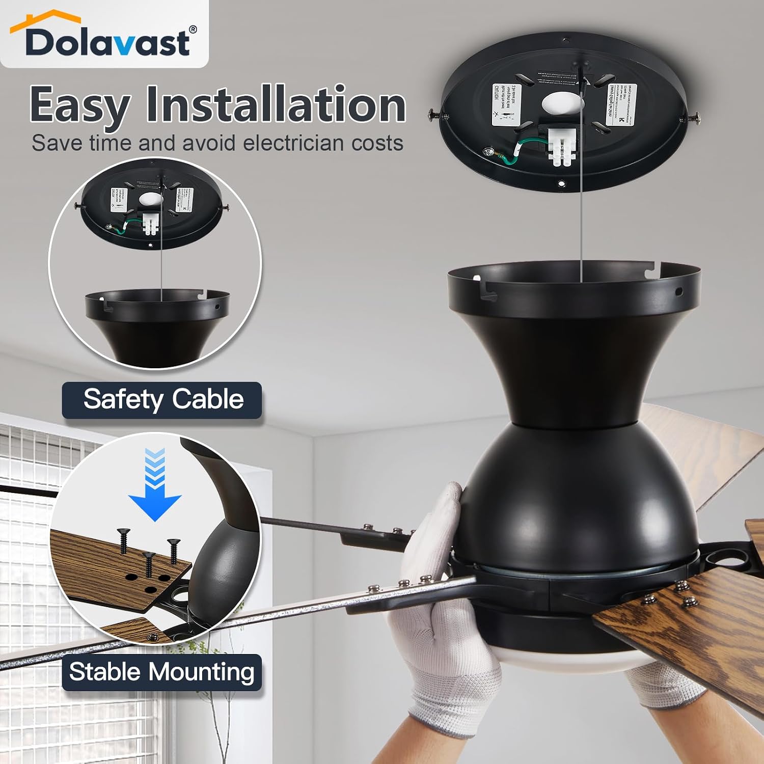 Detalle de Dolavast 52-Inch Low Profile Ceiling Fan with Light, Remote Control & Reversible DC Motor