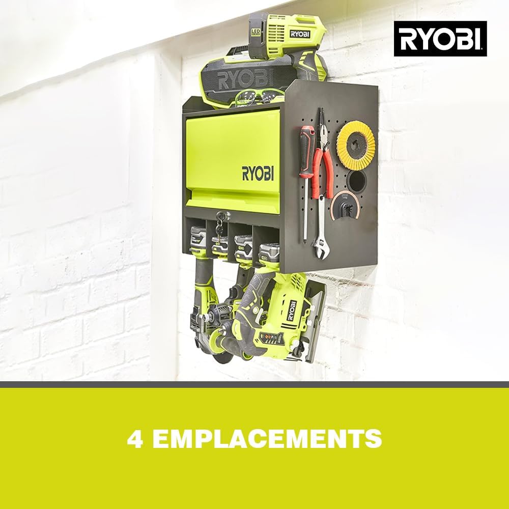 Detalle de RYOBI RHWS-01 : Étagère murale avec boîtes de rangement et porte verrouillable