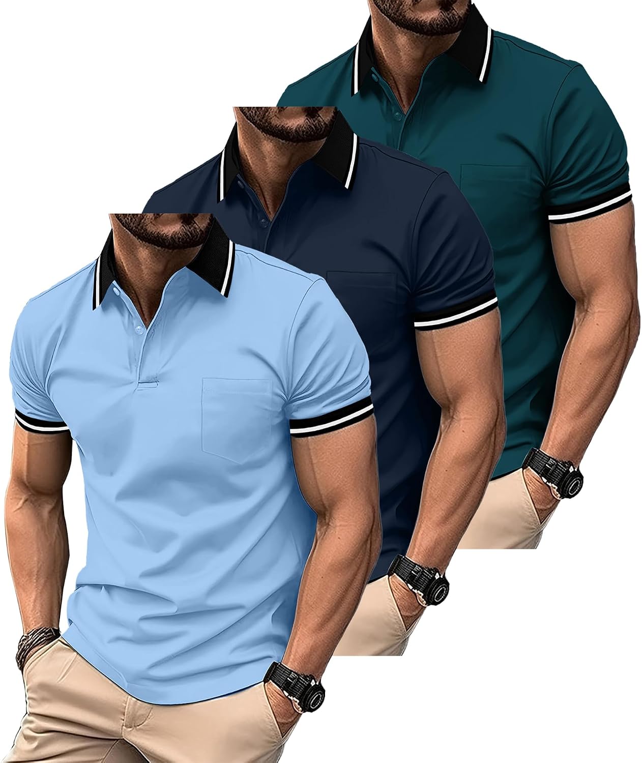Detalle 2 de SwissWell 3 Pack Men’s Polo Shirts Short Sleeve – Breathable, Flexible and Easy Care