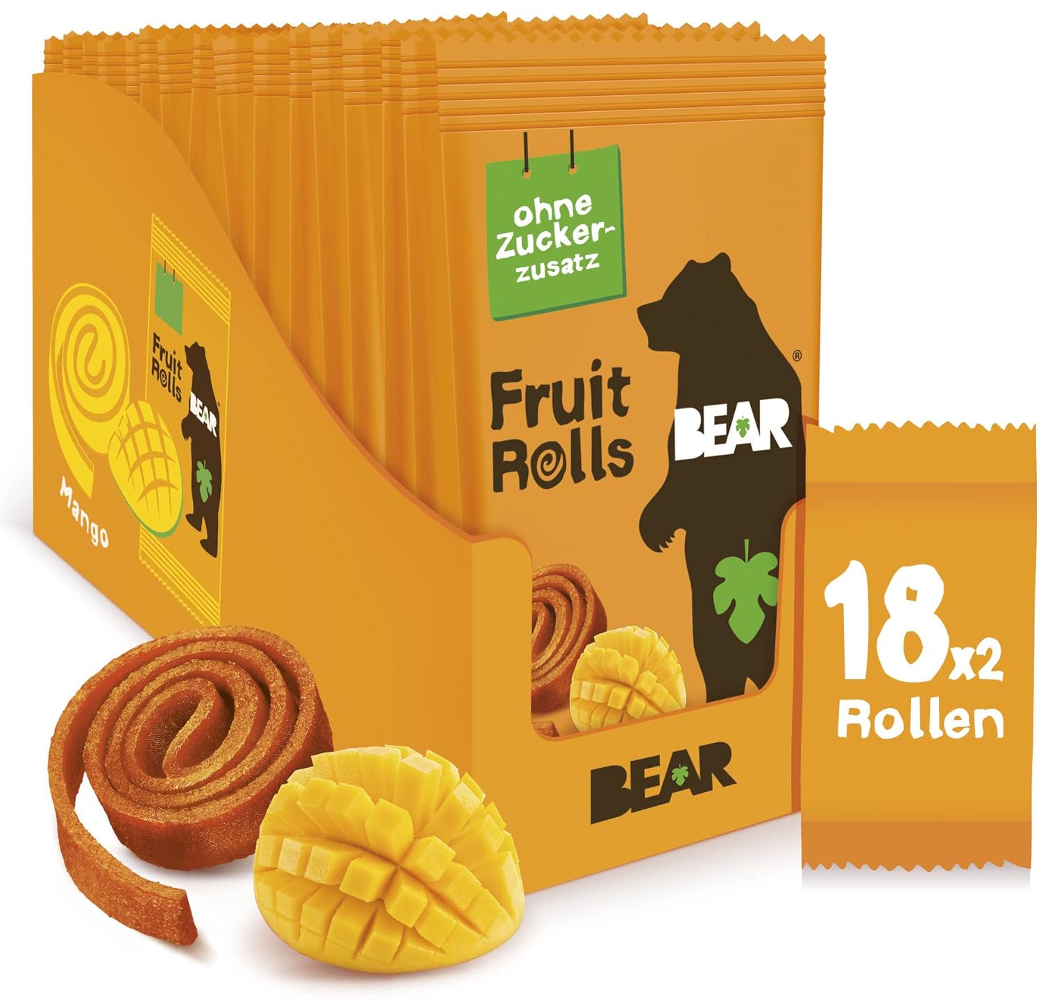 Detalle de BEAR Fruchtrollen Mango – 100% Natürliche Inhaltsstoffe, Zuckerfrei, 18 Beutel à 20 g (360 g)