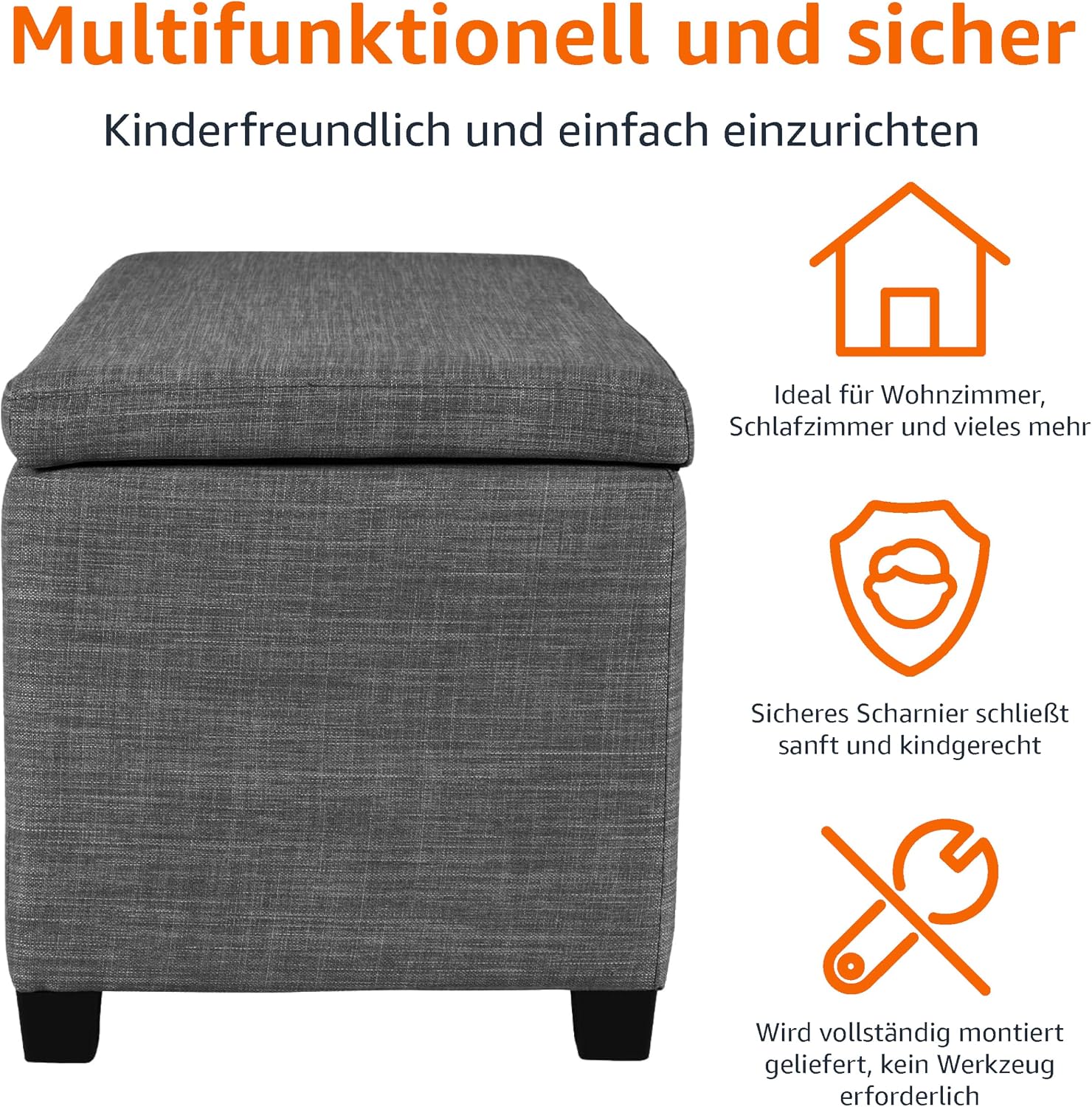 Detalle 2 de Amazon Basics Bank für den Eingangsbereich – rechteckig, gepolstert mit Stauraum, 42 x 90 x 43 cm, Flur/Schlafzimmer in Dunkelgrau