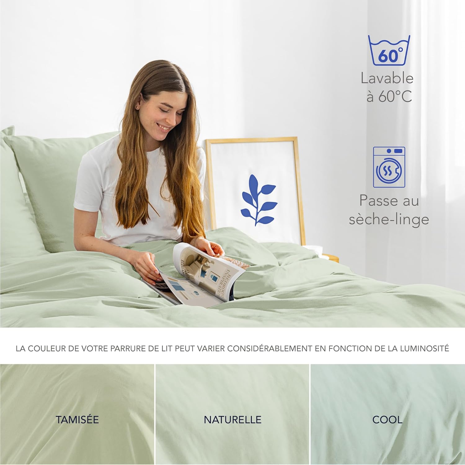 Thumbnail 5 de Dreamzie Parure de lit satin de coton 220x240 cm (vert) avec housse + 2 taies 80x80 cm