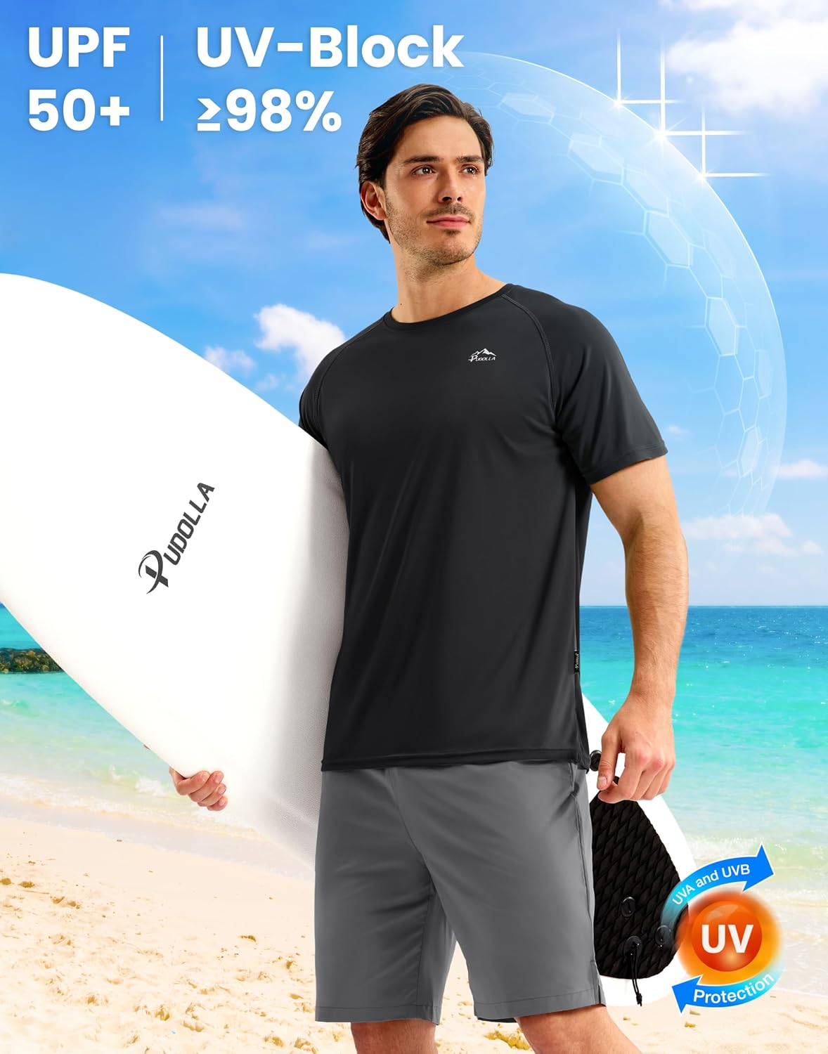 Detalle 2 de Pudolla Men's UPF 50+ Rash Guard Swim Shirt, Quick-Dry 4-Way Stretch