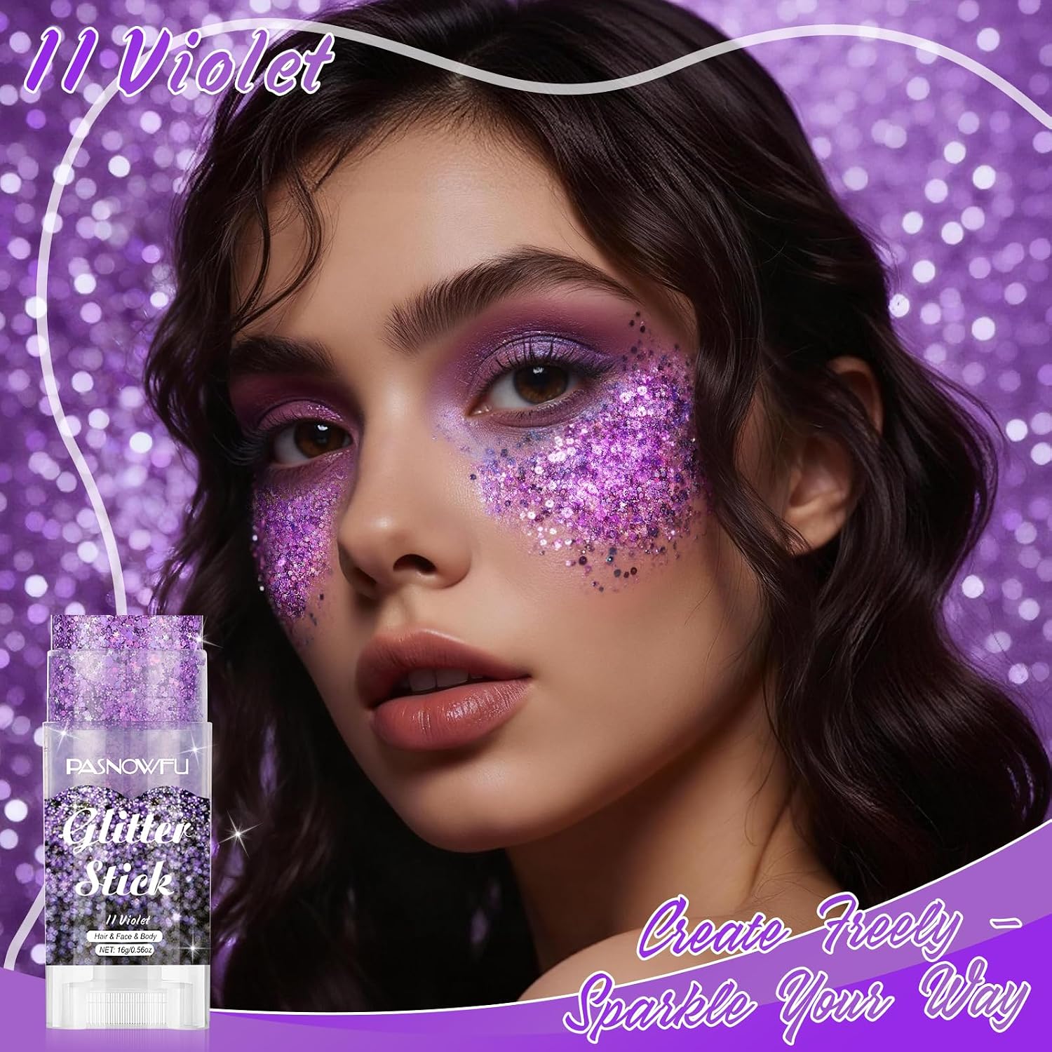 Detalle de PASNOWFU Violet Body Glitter Stick for Face, Hair and Body