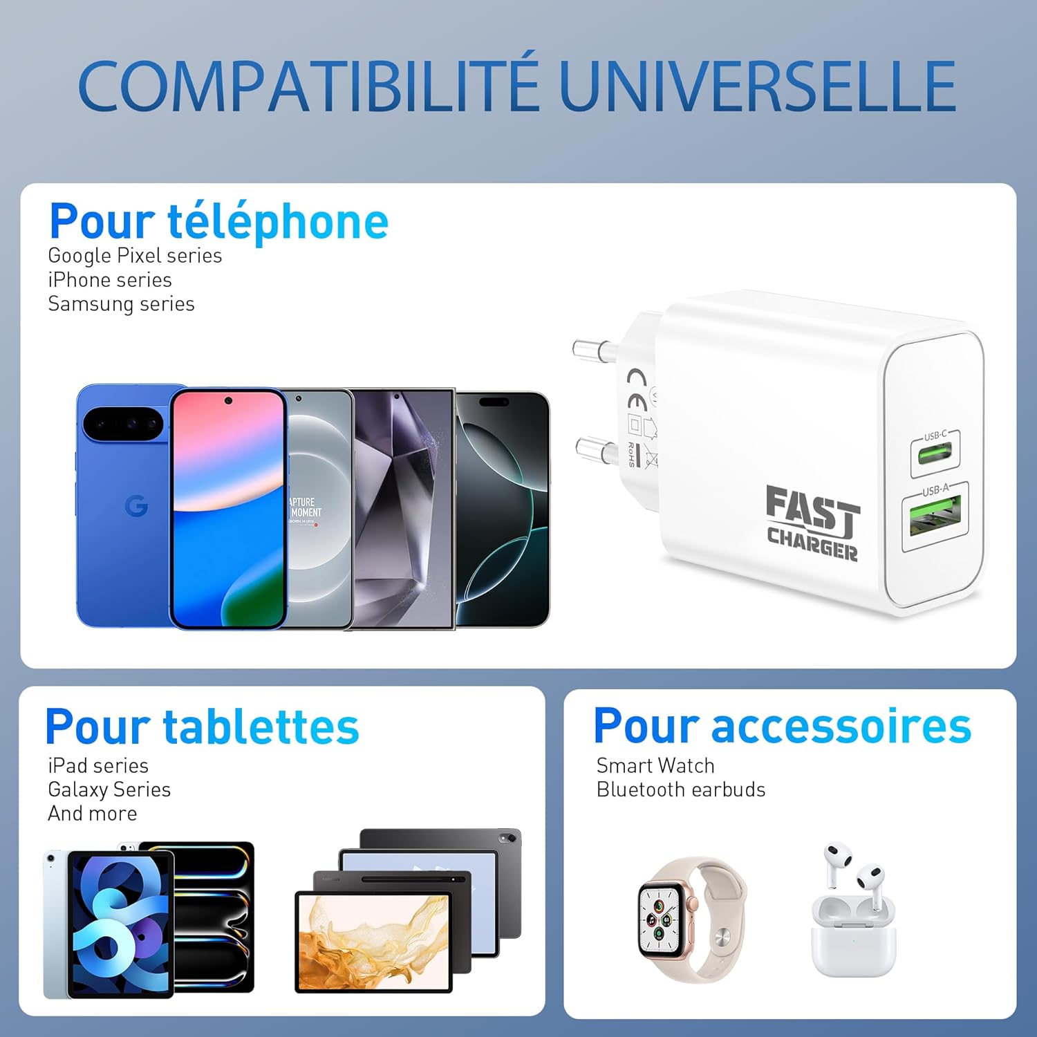 Thumbnail 6 de Chargeur USB-C 45W à 2 ports (USB-C/A) pour Google Pixel et autres compatibles – Câble 2 m inclus
