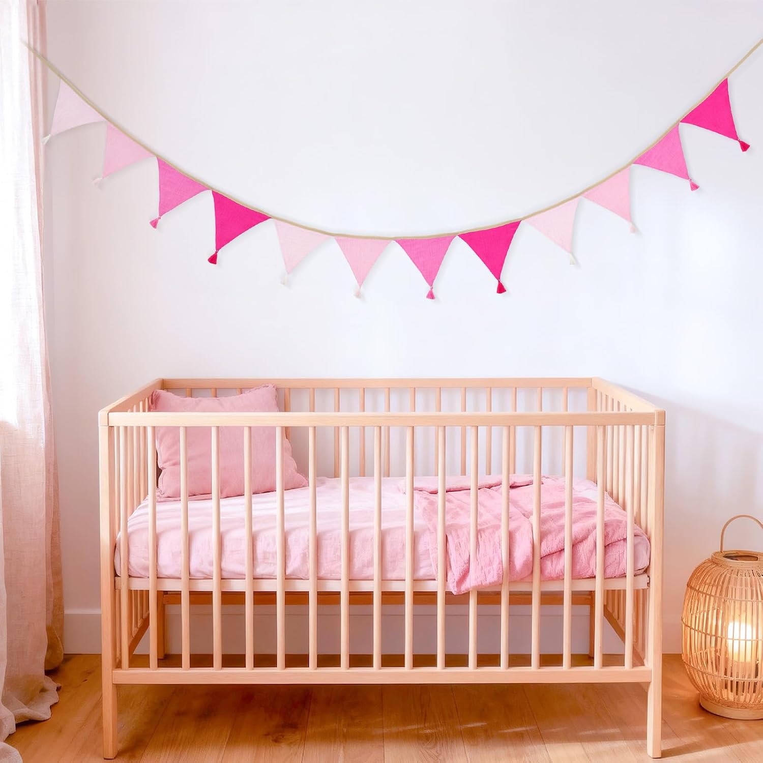 Detalle de jijAcraft Musselin-Wimpelkette fürs Kinderzimmer (rosa) mit Quasten, 2,8 m