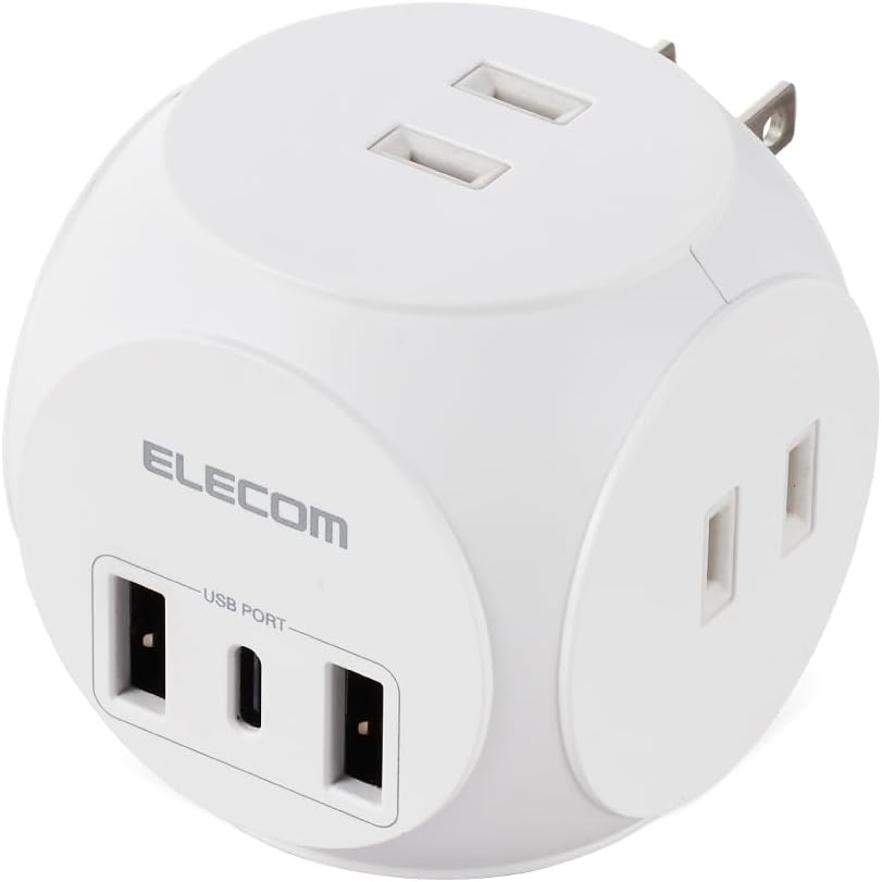 Detalle de エレコム ECT-34WH 球体型電源タップ USB-C 20W PD対応・AC3口・USB-A2口