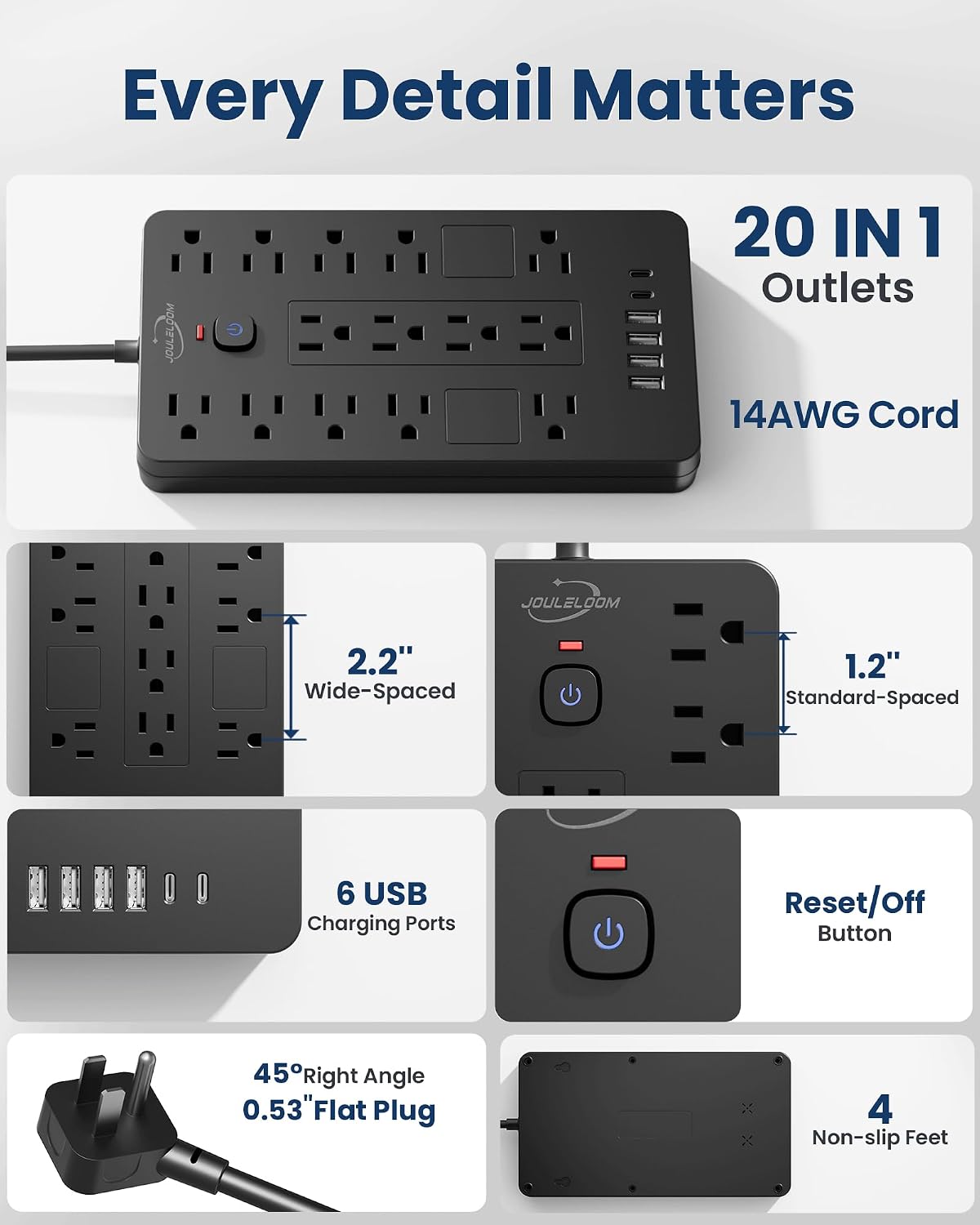 Thumbnail 6 de JouleLoom TT-US814 Power Strip, 14 AC Outlets, 6 USB Ports, 6-ft Cord