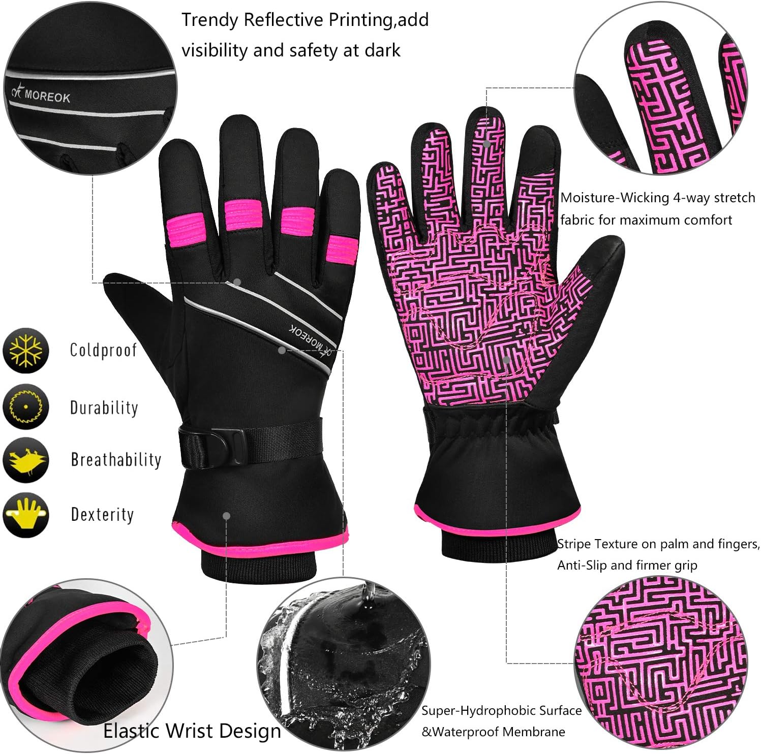 Detalle 2 de MOREOK MK020FPinkS Winter Gloves, Pink Small, 200g 3M Thinsulate
