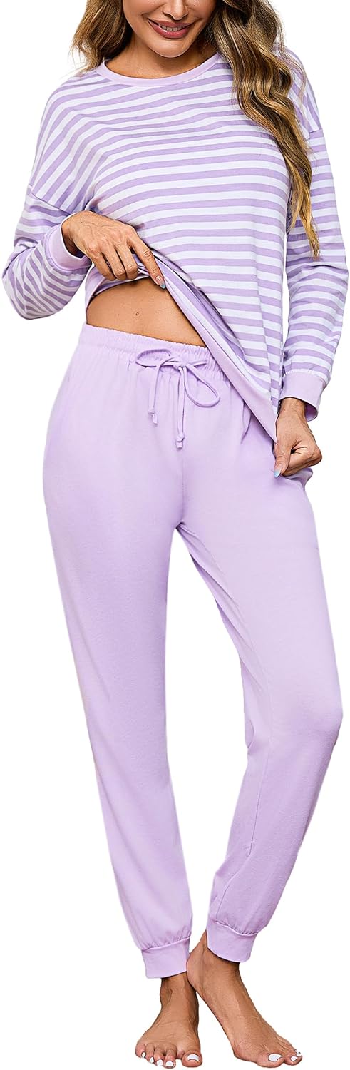 Detalle de Bresdk Ensemble Pyjama Femme en Coton – Pyjama d’Hiver rayé à col rond