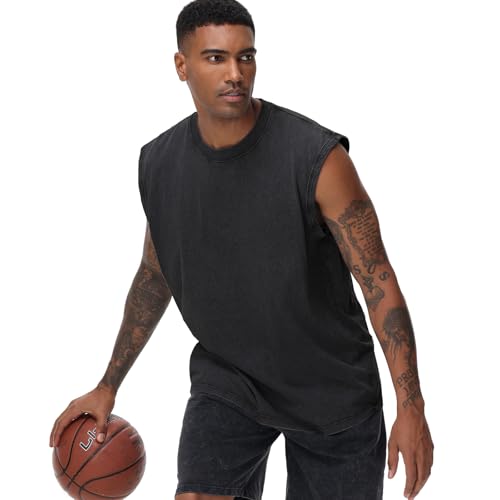 Detalle 2 de HOUZONIY Herren Tanktop – Kurzarm Sommer, ärmellose Weste aus Baumwolle (Schwarz, Größe L)