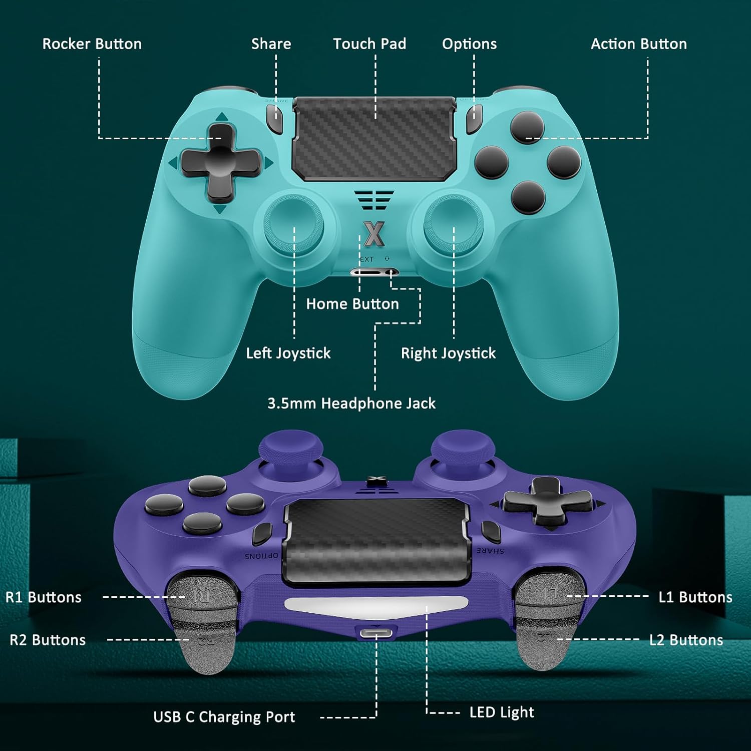 Thumbnail 6 de Glitfix Wireless Controller für PS-4 – kabelloser Gamepad mit Turbo, Touchpad und Dual-Vibration (2er Set, Blau-Grün + Lila)
