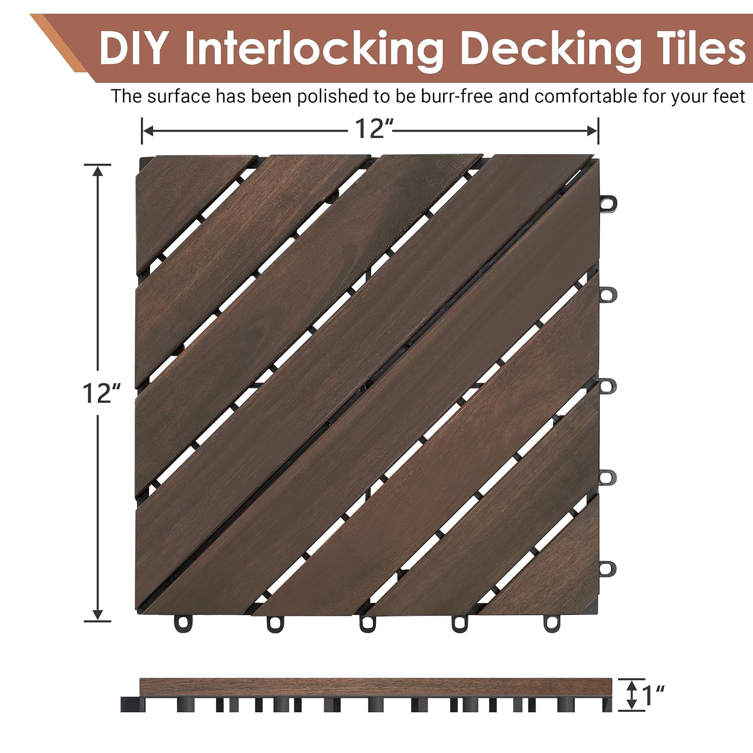 Detalle 2 de PrimeZone 27 PCS Acacia Wood Interlocking Deck Tiles, 12" x 12", Dark Brown