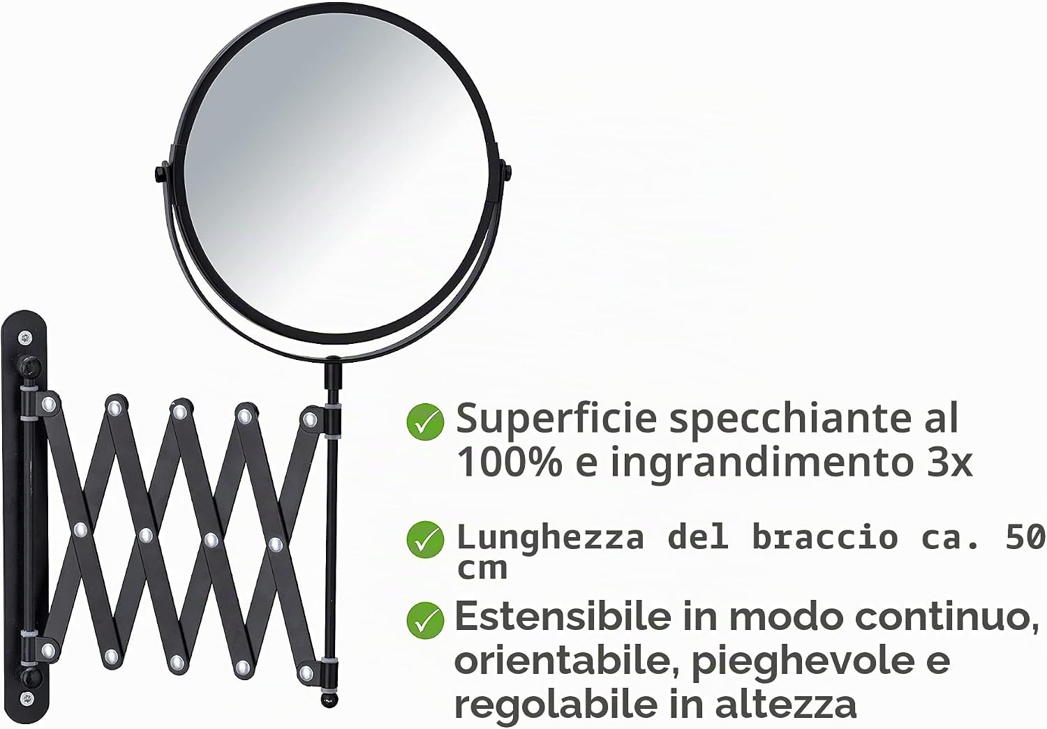 Thumbnail 1 de WENKO Specchio a parete per cosmetici con braccio telescopico – ingrandimento 3x, telaio nero
