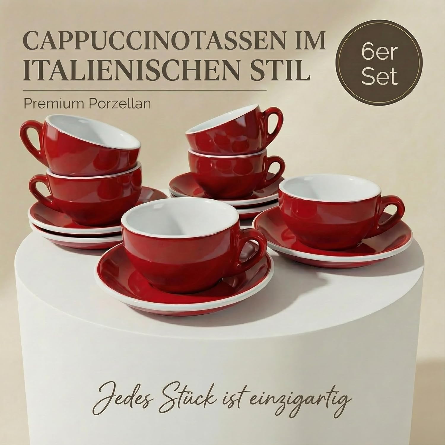 Detalle de MUVELL 6x Cappuccinotassen Rot – Italian Style, spülmaschinenfest, Geschenkset mit Untertassen