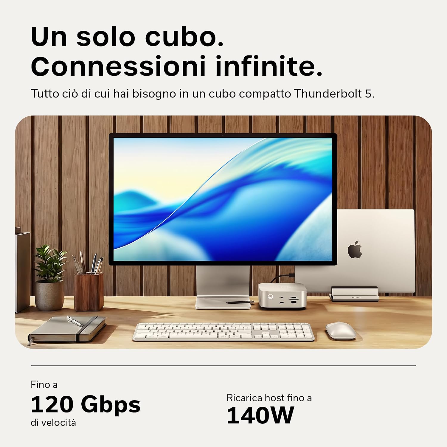 Detalle de SATECHI Thunderbolt 5 CubeDock: docking station 13 in 1 con raffreddamento attivo e supporto multi-schermo fino a 8K