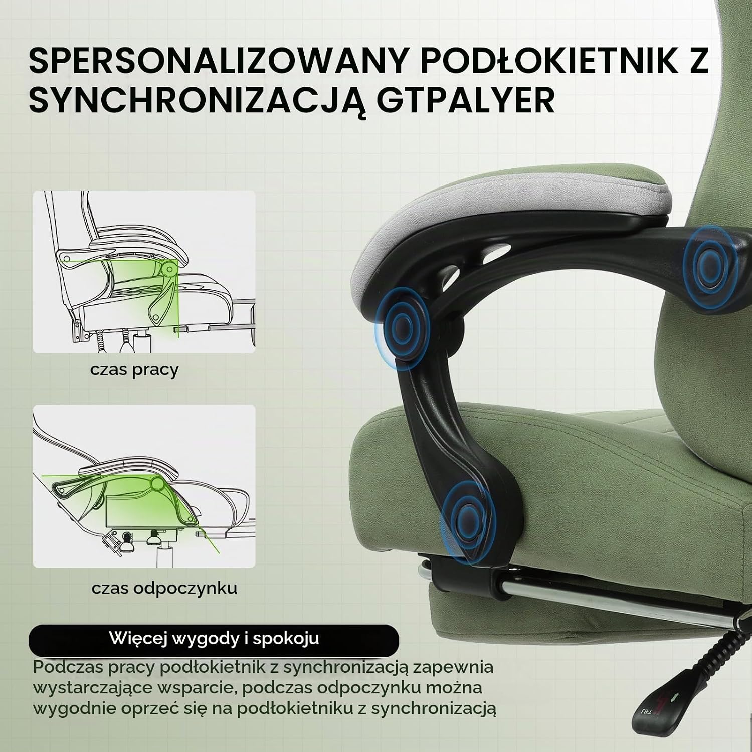 Detalle de GTPLAYER LR008 – fotel gamingowy z podnóżkiem i regulowanymi podłokietnikami, zielony