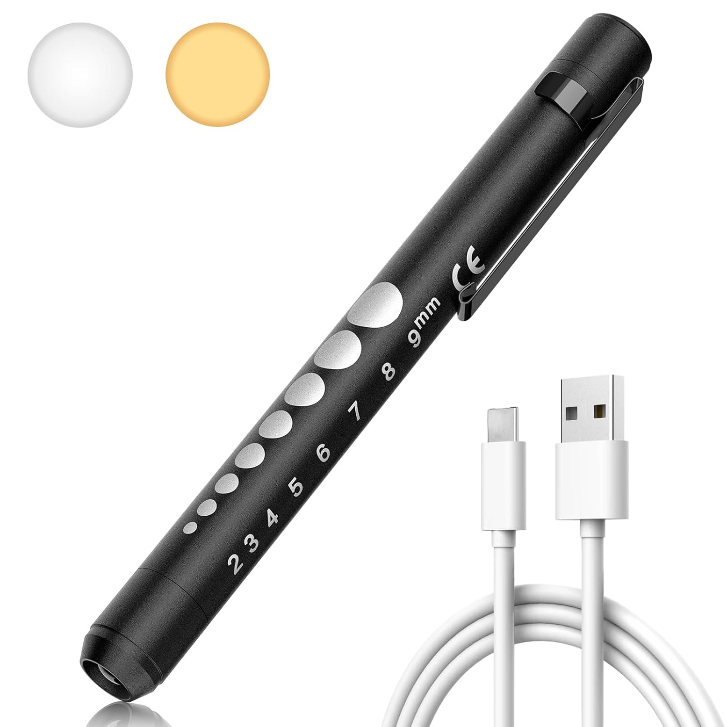 Detalle 2 de RISEMART Pupillenleuchte mit Pupillenmessgerät, Lineal und 2 Farbmodi – USB-wiederaufladbar, schwarz