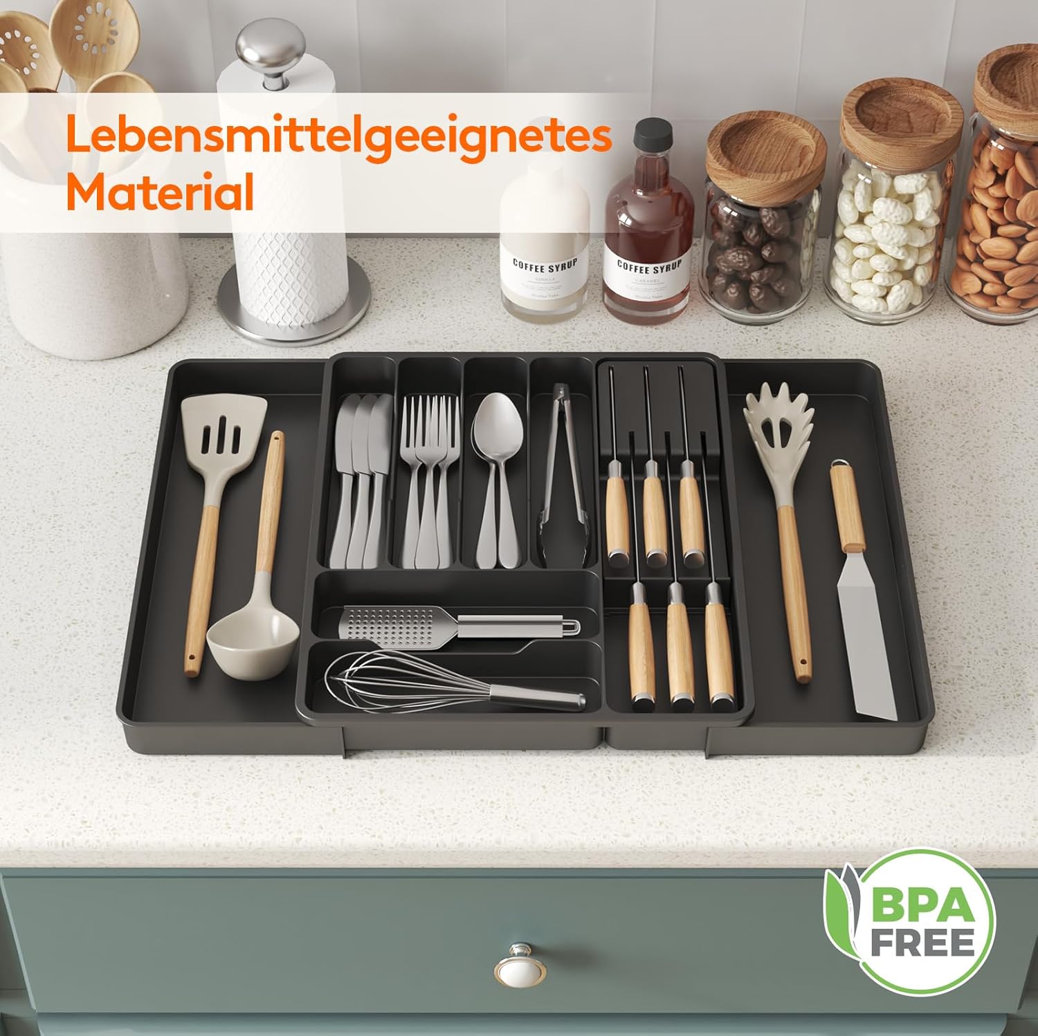Thumbnail 6 de Lifewit verstellbarer Besteckkasten aus Kunststoff für Schubladen – 40 cm Tiefe, erweiterbar, 9 Fächer