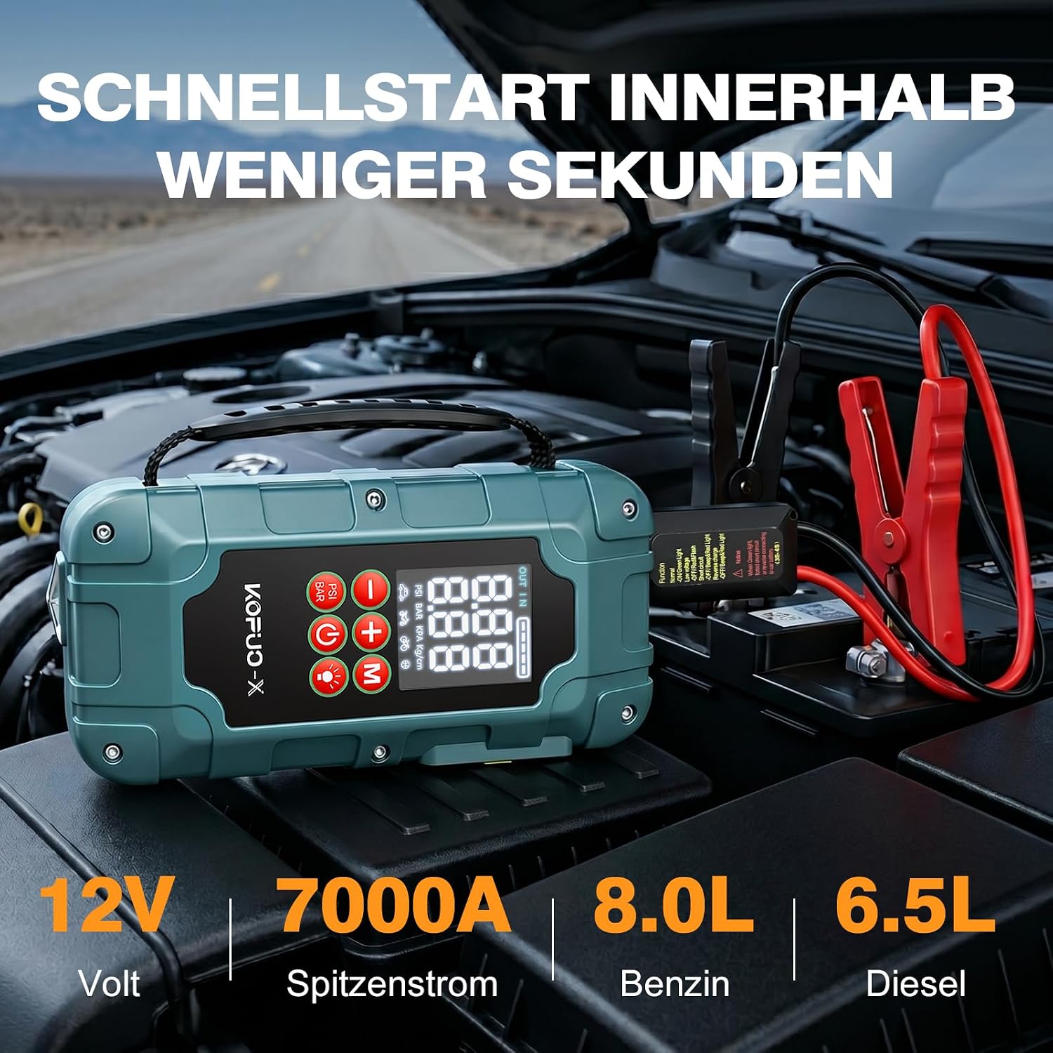 Detalle 2 de KOPUO Starthilfe Powerbank 8000mAh mit Kompressor, 150 PSI – notfall-Boost für Auto, 8L Benzin & 6.5L Diesel