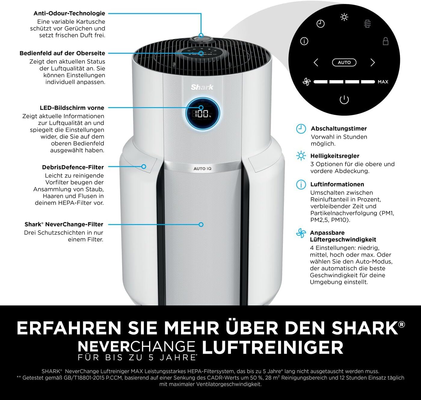Detalle de Shark NeverChange Luftreiniger HP300EU – bis zu 5 Jahre HEPA-Filter, Auto-Modus für Räume bis 130 m²