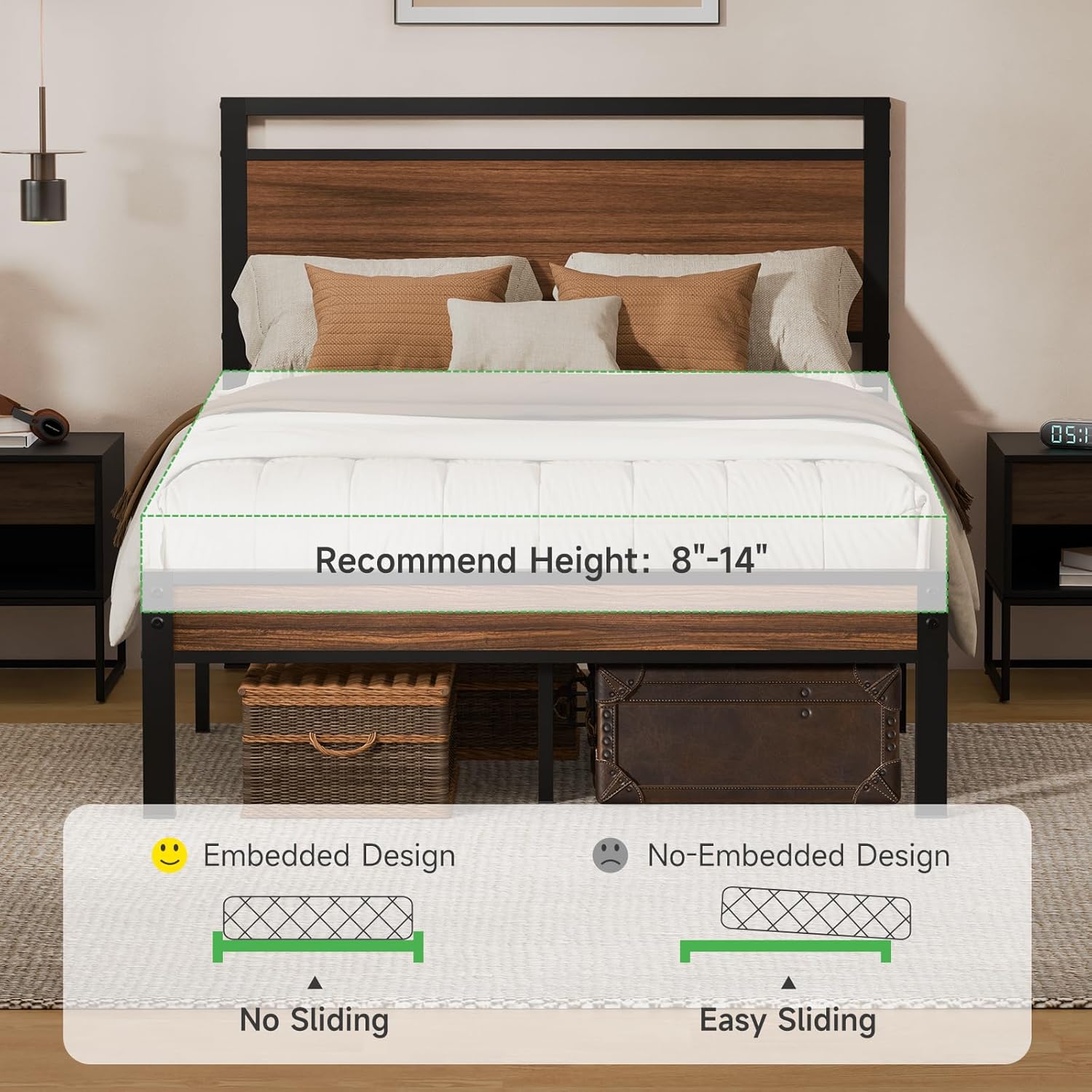 Detalle de Z-hom BOC4-022 Full Bed Frame, Walnut Metal with Wooden Headboard