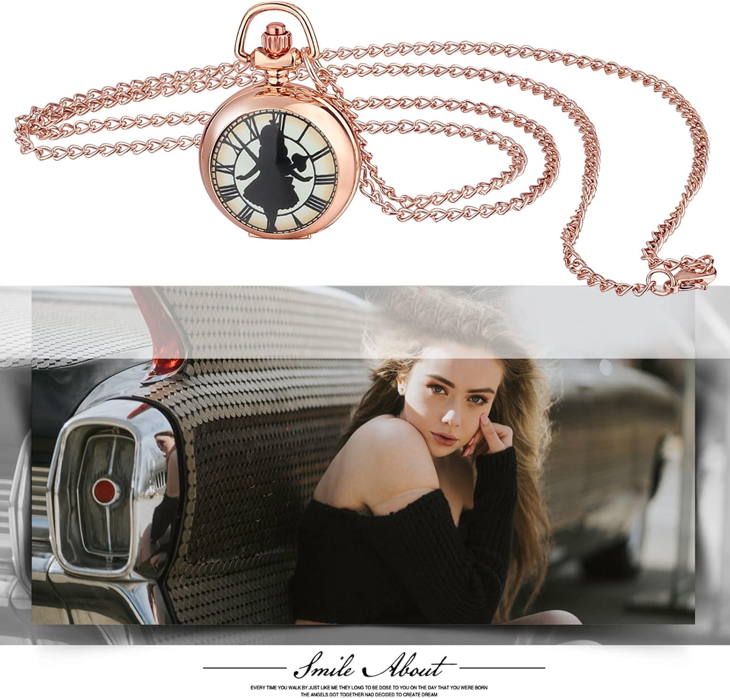 Detalle de JewelryWe Taschenuhr Damen Elegant – Rosegold mit Engelsmotiv, Lebensbaum, Schädel, Schmetterling oder Engel Mädchen – Analoge Quarz-Uhr mit Kette