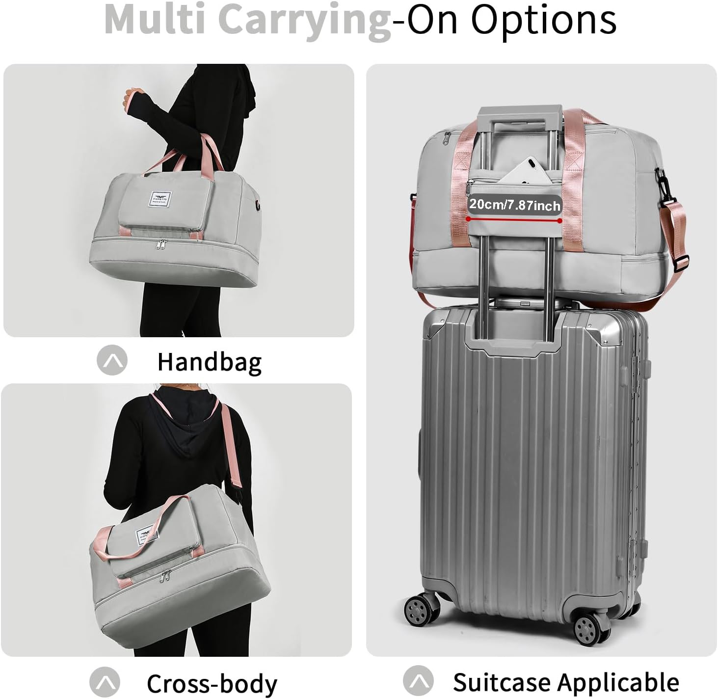 Detalle de FIORETTO Foldable Weekend Bag with Shoe Compartment & Wet Pocket – 45L, Grey & Pink