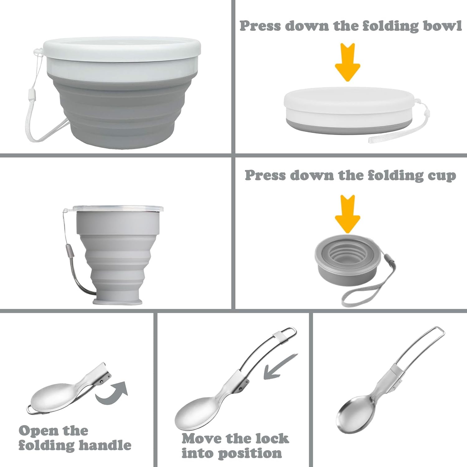 Detalle de 6 in 1 Foldable Camping Mess Kit with Stainless Steel Cutlery – Portable Outdoor Dining Set