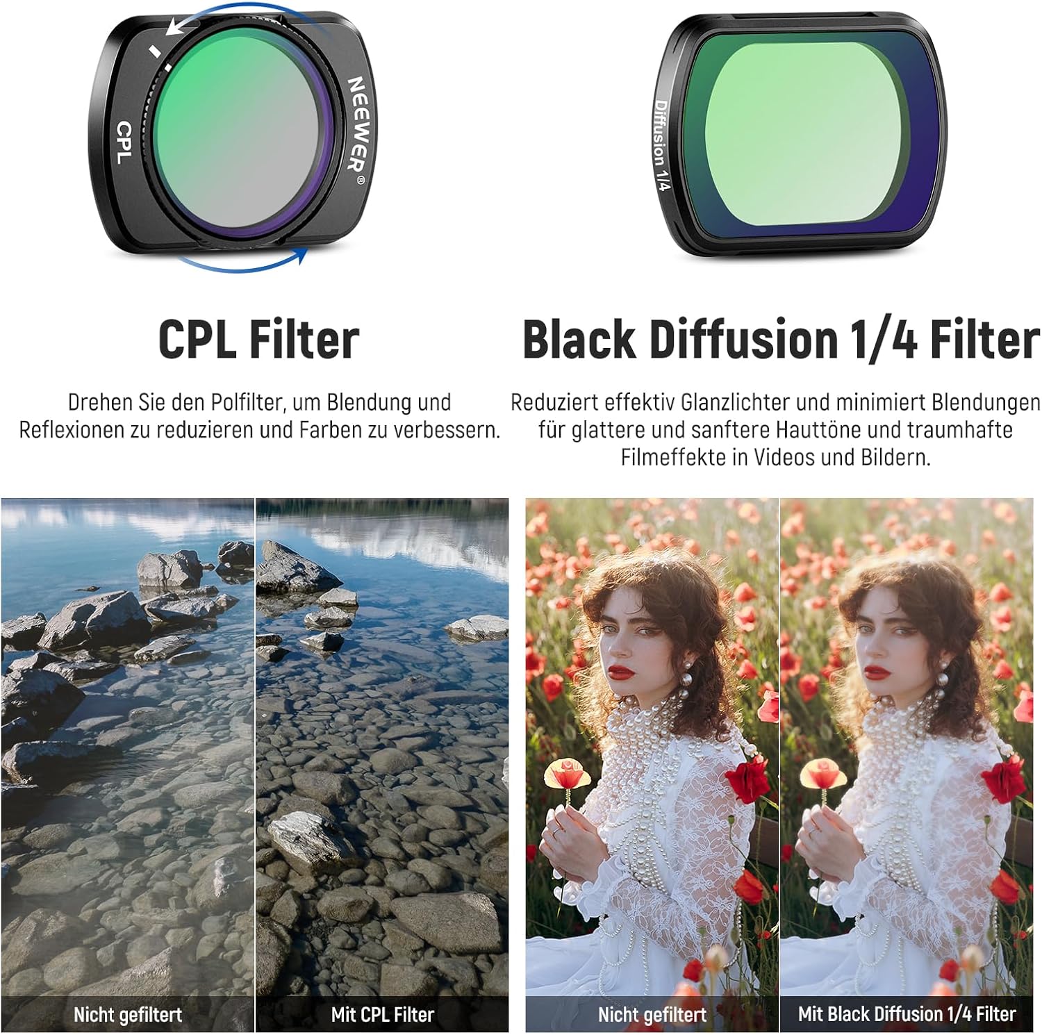 Detalle de NEEWER ND Filterset für DJI Osmo Pocket 3/4 – ND-Filter, CPL, Black Diffusion, Weitwinkel & Makro, Displayschutz im Paket