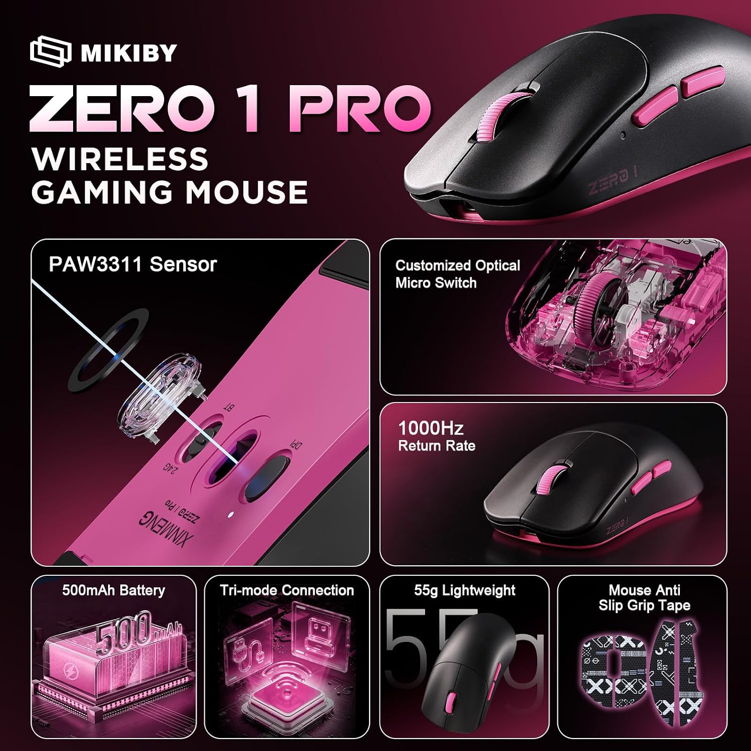Detalle 2 de MIKIBY Zero1 Pro Wireless Gaming Mouse, 55g, Tri-Mode, 6 Buttons