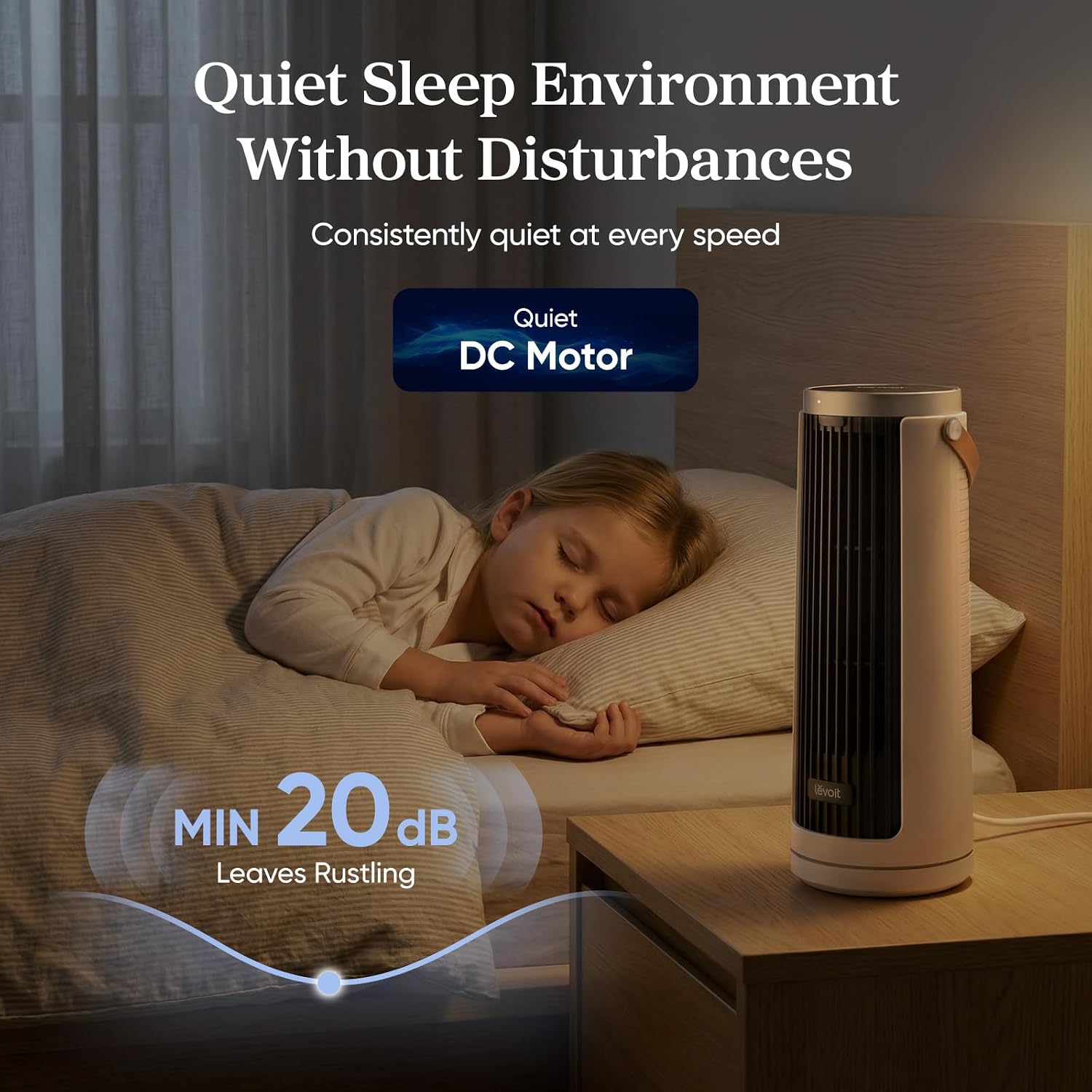Detalle de LEVOIT Tower Fan for Bedroom — Quiet 20dB DC Motor Bladeless Tower with 5 Speeds, 12H Timer, Remote