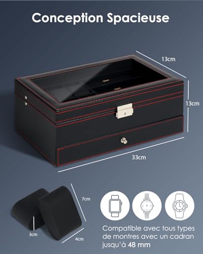 Thumbnail 7 de Kukikan Étui pour montre design – boîte à bijoux à 2 niveaux avec couvercle en verre et serrure