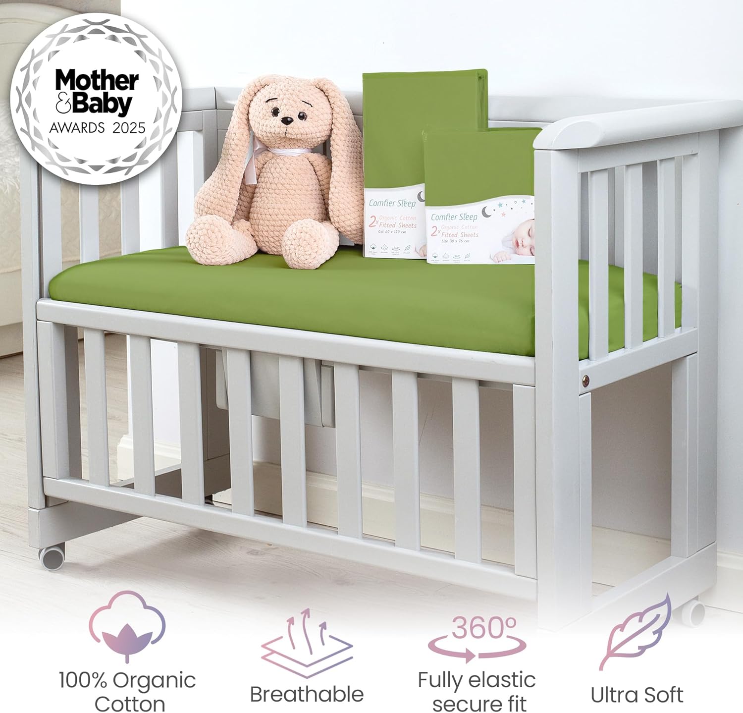 Thumbnail 2 de Green Cot Sheets 120x60 Fitted – 2 Pack Organic Cotton – Ultra Soft Cot Bed Sheets for Daily Use
