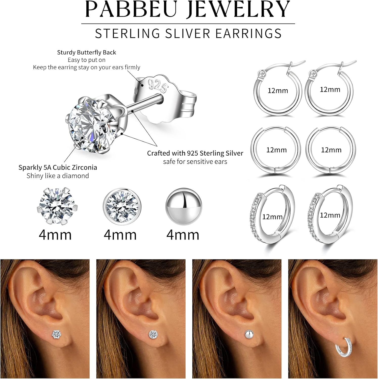 Detalle 2 de PABBEU Silver Hoops Earrings for Women – 6 Pairs of 925 Sterling Silver with Cubic Zirconia