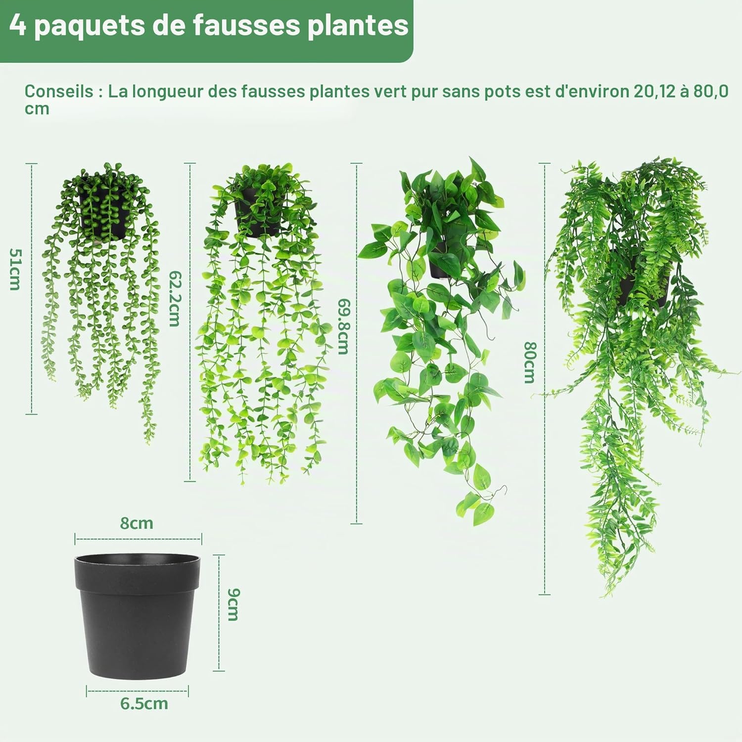 Detalle de LIAILA — Ensemble de 4 plantes tombantes artificielles avec pots (lierre, fougères, pothos, eucalyptus) pour intérieur et extérieur