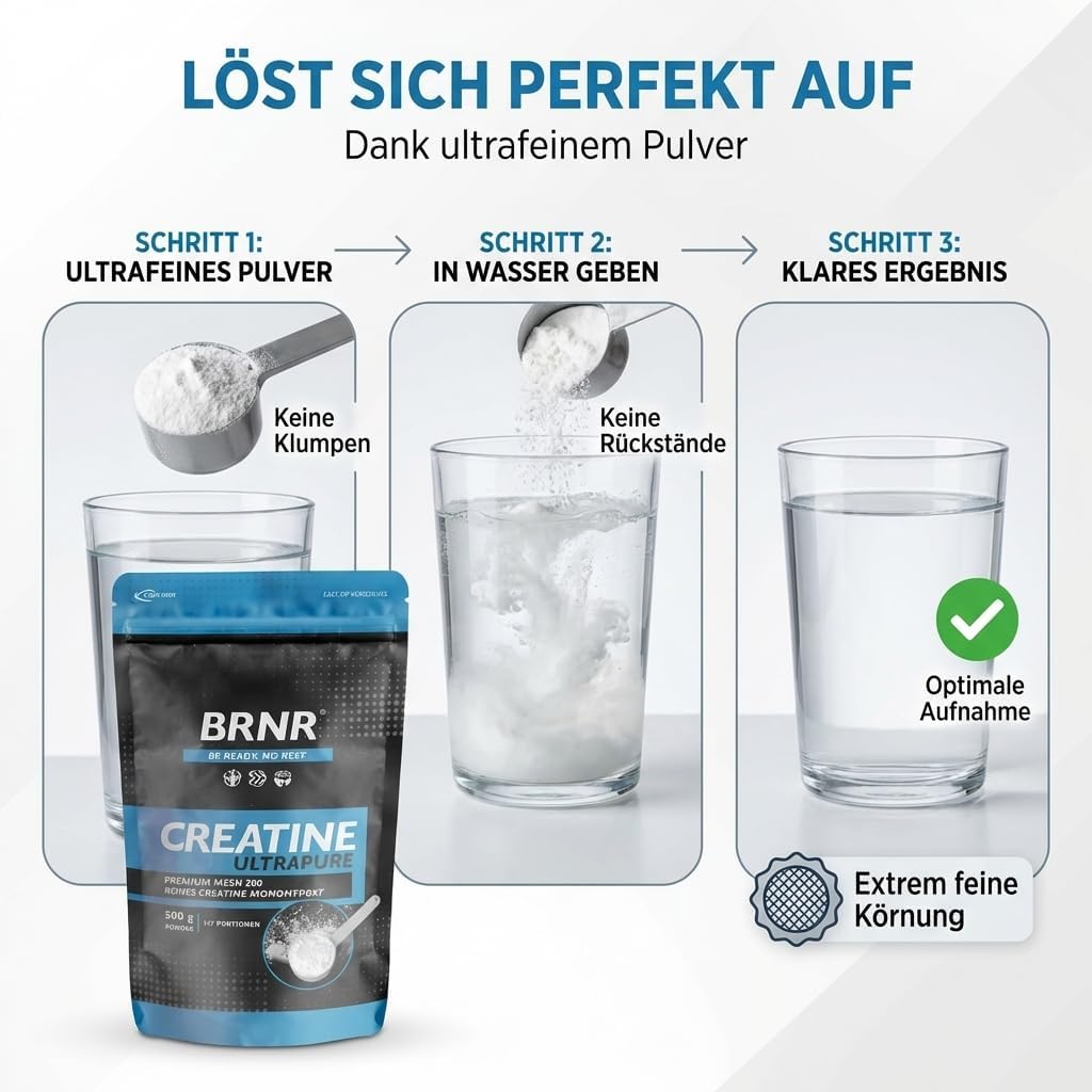 Thumbnail 2 de BRNR Creatin Monohydrat Pulver, 500 g – ultrapures DE Pulver, geprüft und extrafein