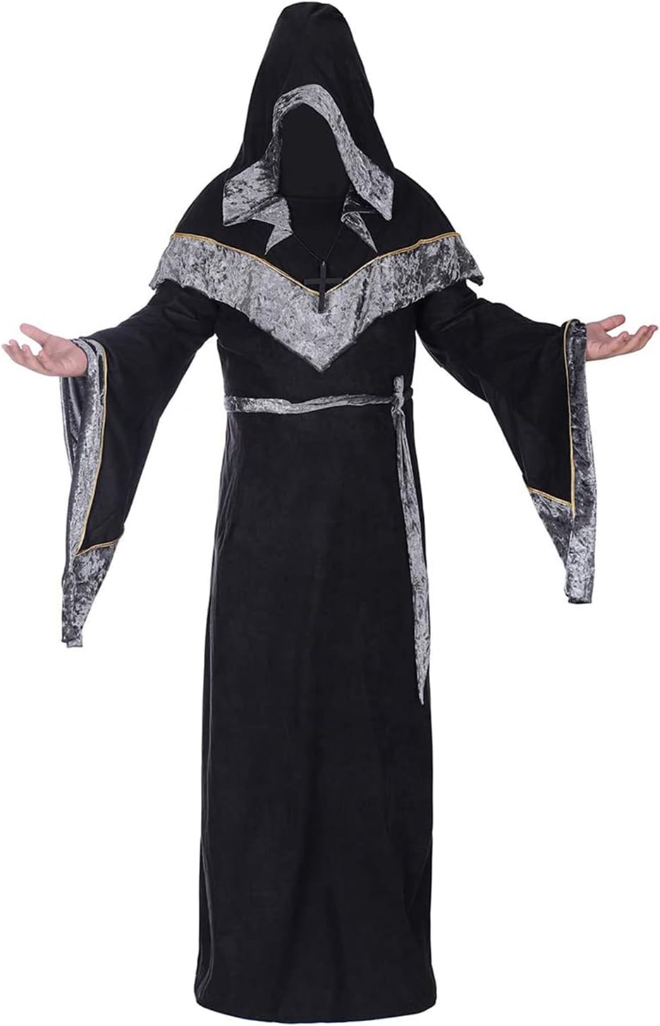 Detalle de WISHU Sorcerer Robe Costume with Hood, Silver Trim and Wide Sleeves