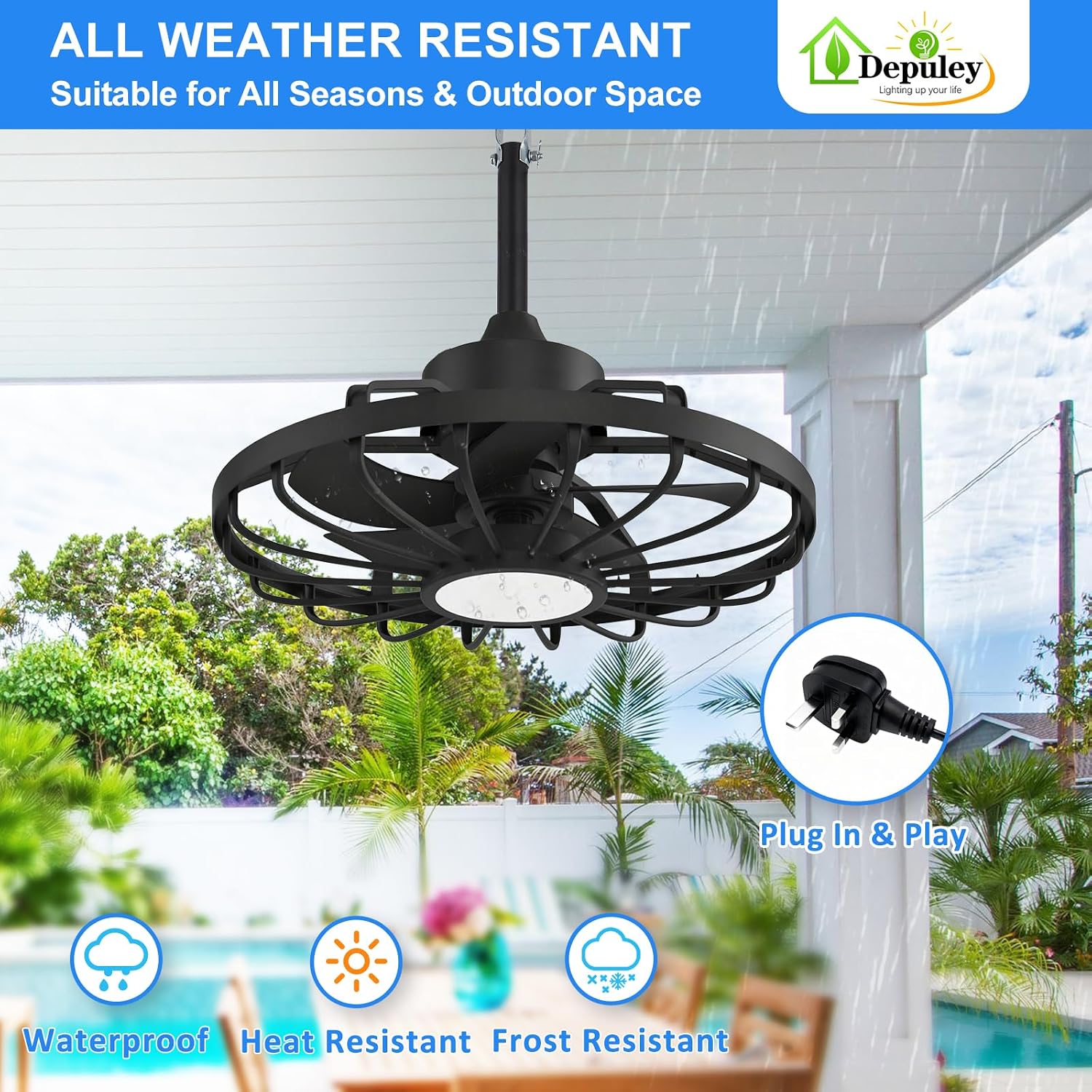 Detalle de Depuley 42-Inch Outdoor Ceiling Fan with Lights, Walnut Waterproof Gazebo Fans (Remote & App Control)
