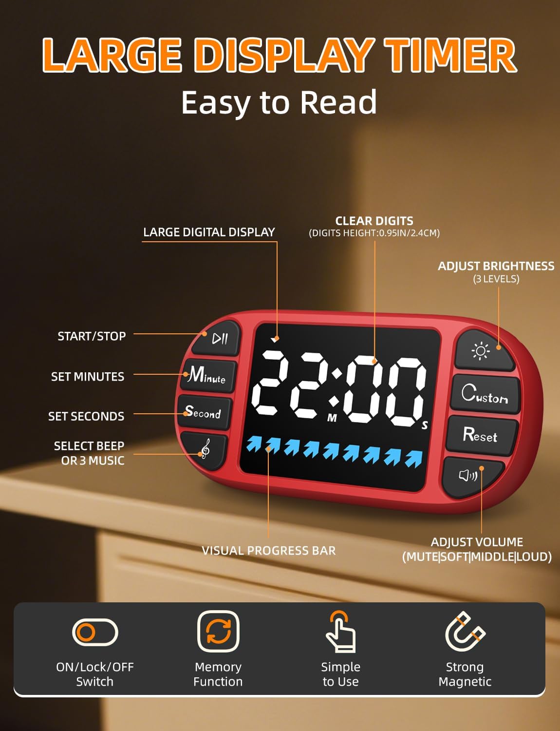 Detalle 2 de Digitaler Küchentimer Magnetisch – LED-Anzeige 3,6 Zoll, 4 Alarmtöne, 4 Lautstärken, Kindersicherung (Rot)